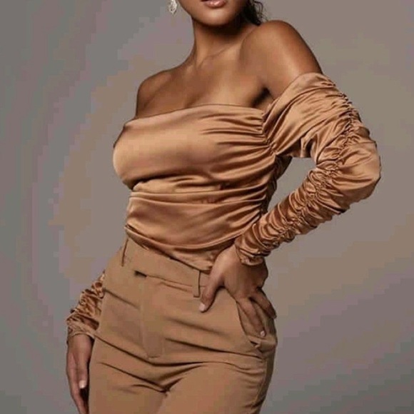 🆕JLUXLABEL SATIN CHAMPAGNE UPPER EAST SIDE RUCHED OFF SHOULDER LONG SLEEVE TOP - Picture 6 of 6